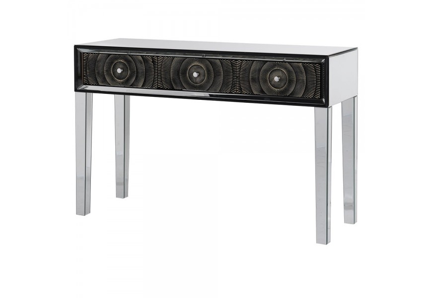 Dizajnová zrkadlová konzola Espejo Nera s tromi čiernymi zásuvkami s geometrickými vzormi