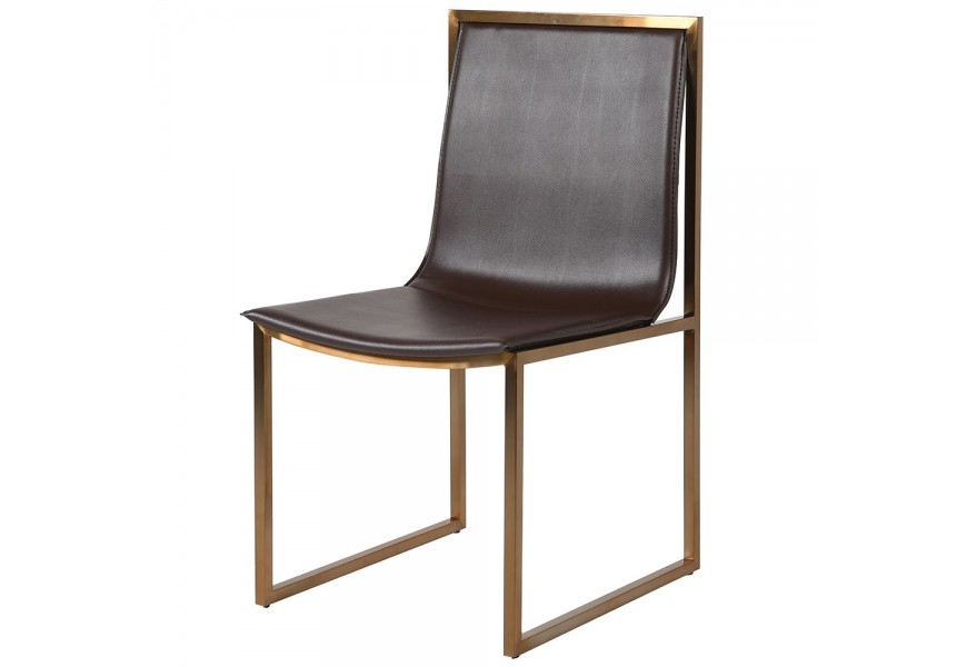 Štýlová jedálenská stolička Luxuria s tmavohnedým koženým poťahom a zlatou kovovou konštrukciou
