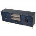 Kožený TV stolík Pellia Azul v tmavomodrej farbe so zásuvkami, dvierkami a poličkami 163cm
