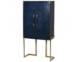 Kožená orientálna barová skrinka Pellia Azul v tmavomodrej farbe so zlatou kovovou konštrukciou 165cm
