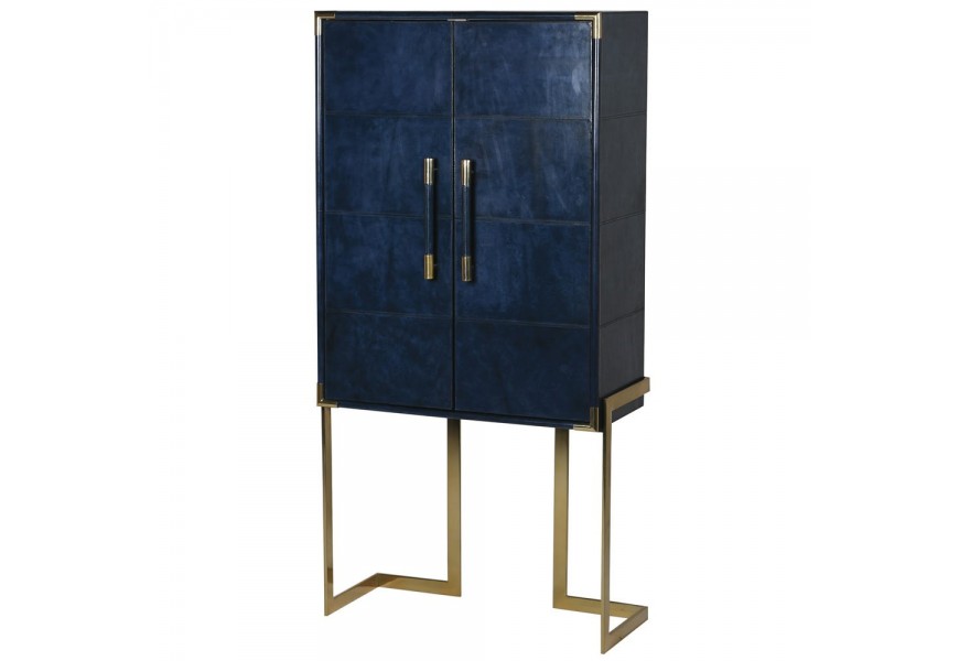 Exkluzívna barová skrinka Pellia Azul z pravej kože v orientálnom štýle tmavomodrej farby s konštrukciou z kovu