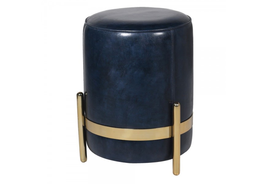 Luxusná art-deco taburetka Pellia Azul s poťahom z pravej kože tmavomodrej farby a zlatou konštrukciou