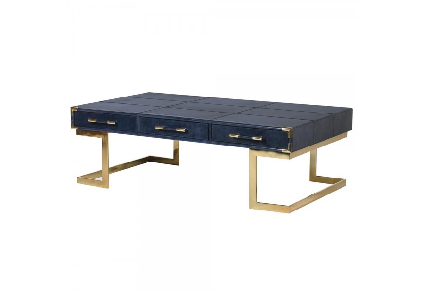 Art-deco exkluzívny konferenčný stolík Pellia Azul z pravej kože tmavomodrej farby s tromi zásuvkami 140cm