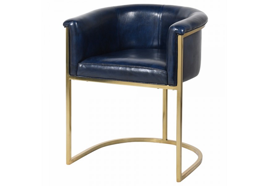 Kožen&eacute; luxusn&eacute; kreslo Pellia Azul v tmavomodrej farby so zlatou kovovou kon&scaron;trukciou 75cm
