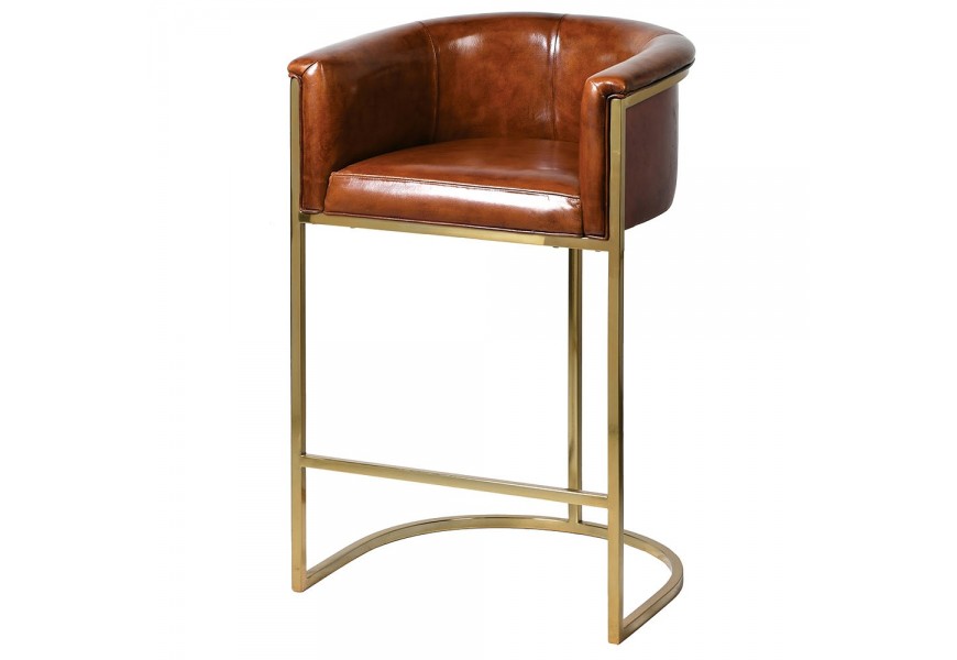 Kožená barová stolička Pellia v hnedej farbe so zlatou kovovou konštrukciou 97cm