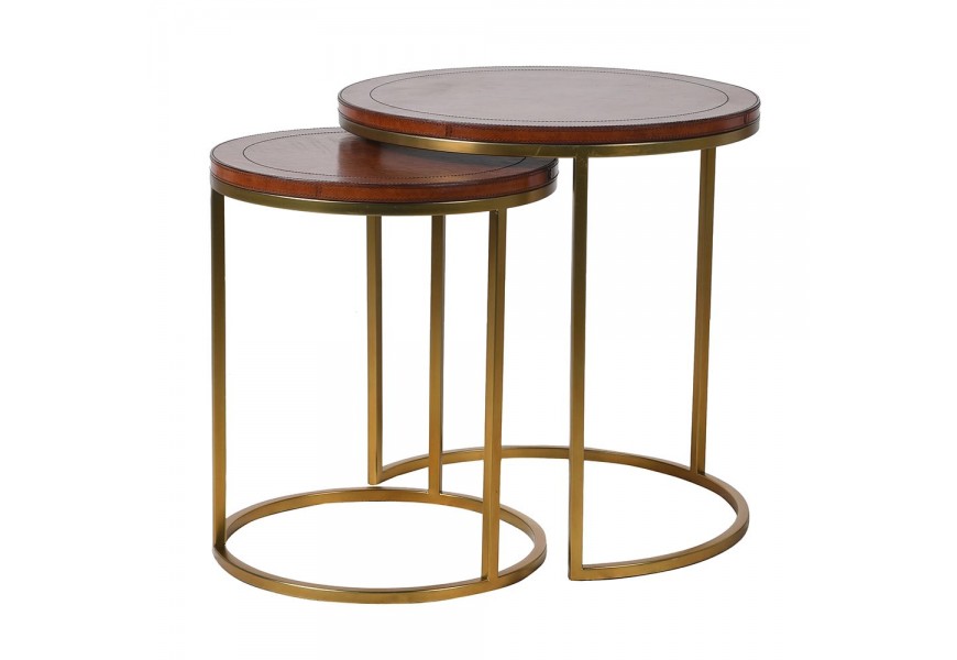 Set dvoch kruhových príručných stolíkov Pellia z pravej kože so zlatou konštrukciou 