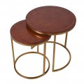 Set dvoch kruhových príručných stolíkov Pellia z pravej kože so zlatou konštrukciou 