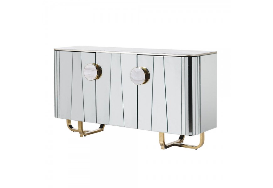 Luxusný dvojdverový zrkadlový príborník s imitáciou mramoru a nohami v lesklej zlatej farbe 150 cm