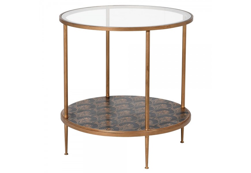 Art-deco okrúhly príručný stolík Rose so starozlatou konštrukciou a s doskou zo skla s motívom zlatých ruží na čiernej poličke 6