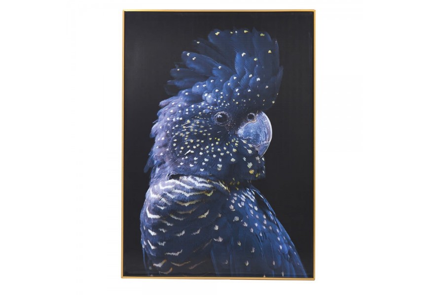 Štýlový nástenný obraz modrého papagája Ara na čiernom pozadí 142 cm
