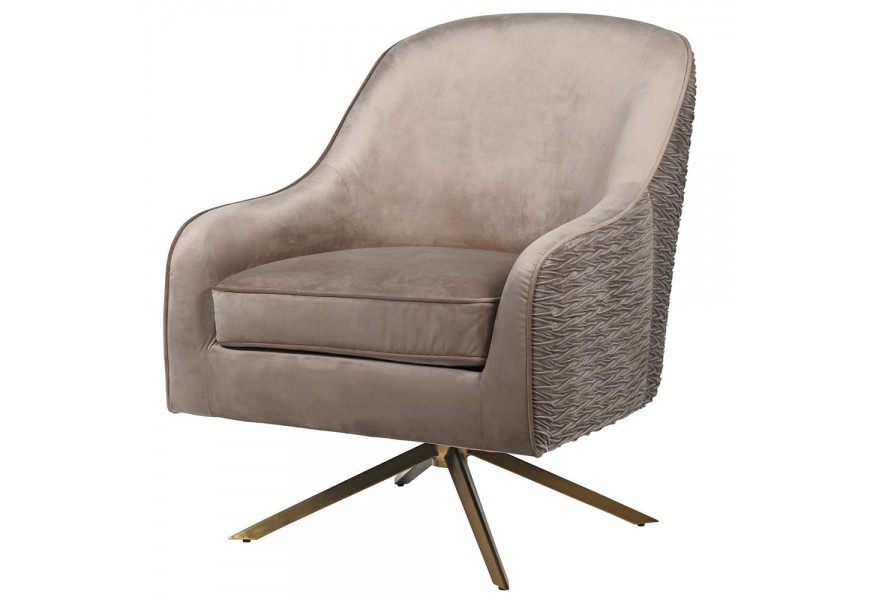 Exkluzívna otočná stolička Colmar v tmavo béžovom zamatovom art-deco prevedení so zlatou podstavou