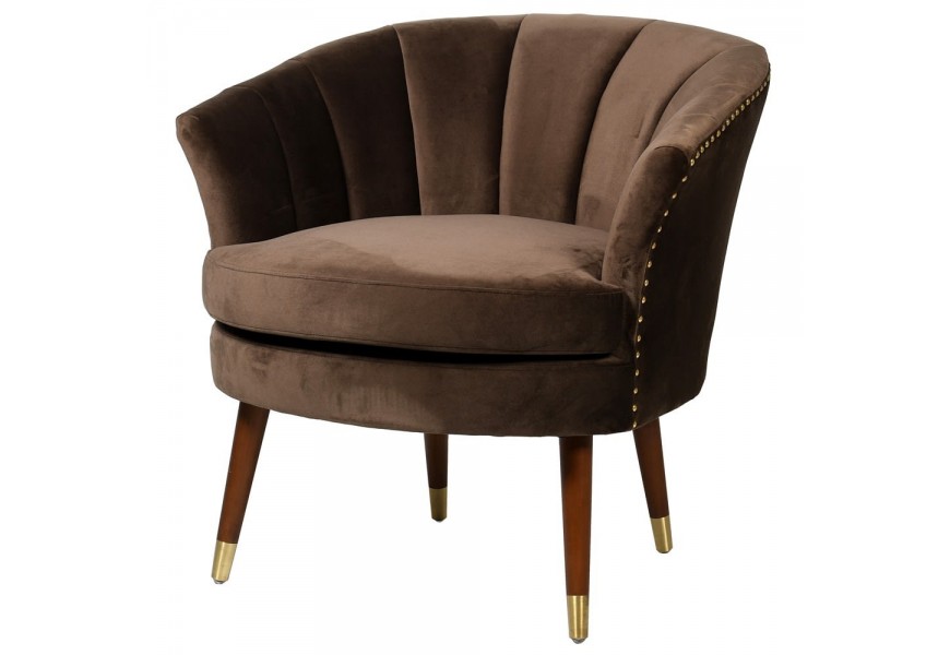 Art-deco hned&eacute; kreslo so zamatov&yacute;m poťahom na zlat&yacute;ch noh&aacute;ch 79 cm