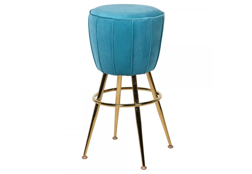 Art-deco okrúhla tyrkysová barová stolička so zamatovým prešívaným poťahom a oceľovými nohami 75 cm