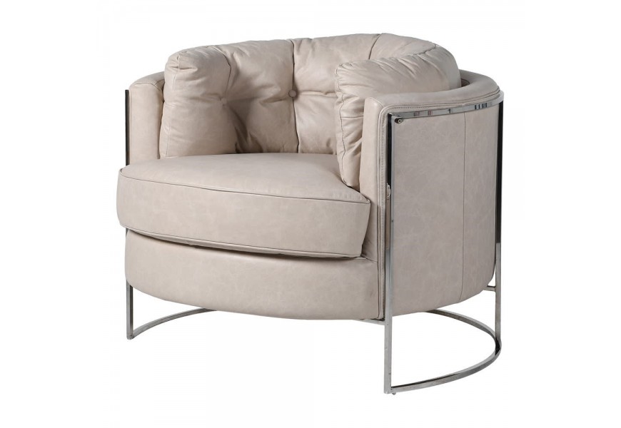 Art-deco okrúhle kreslo z pravej kože v slonovinovej farbe s elegantnou chrómovanou konštrukciou 70 cm