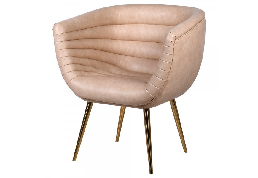 Dizajnové art-deco kreslo Groovie oblého tvaru s béžovým poťahom a so zlatými nohami z kovu