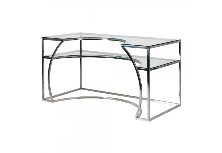 Art-deco atypický pracovný stôl s doskou zo skla a konštrukciou v striebornej farbe 140 cm