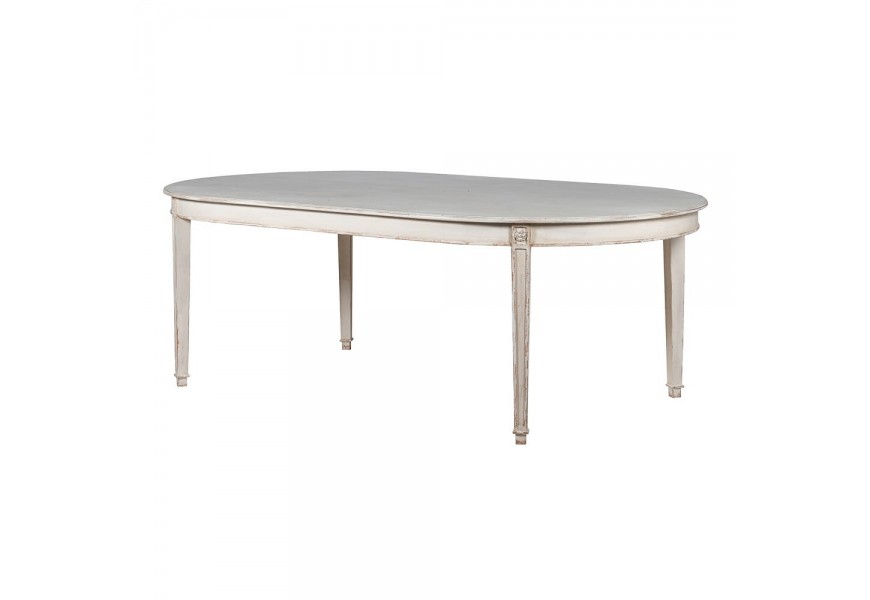 Vidiecky biely jedálenský stôl Gustavian s opotrebovaným vzhľadom a kvetinovými ozdobnými prvkami 220 cm