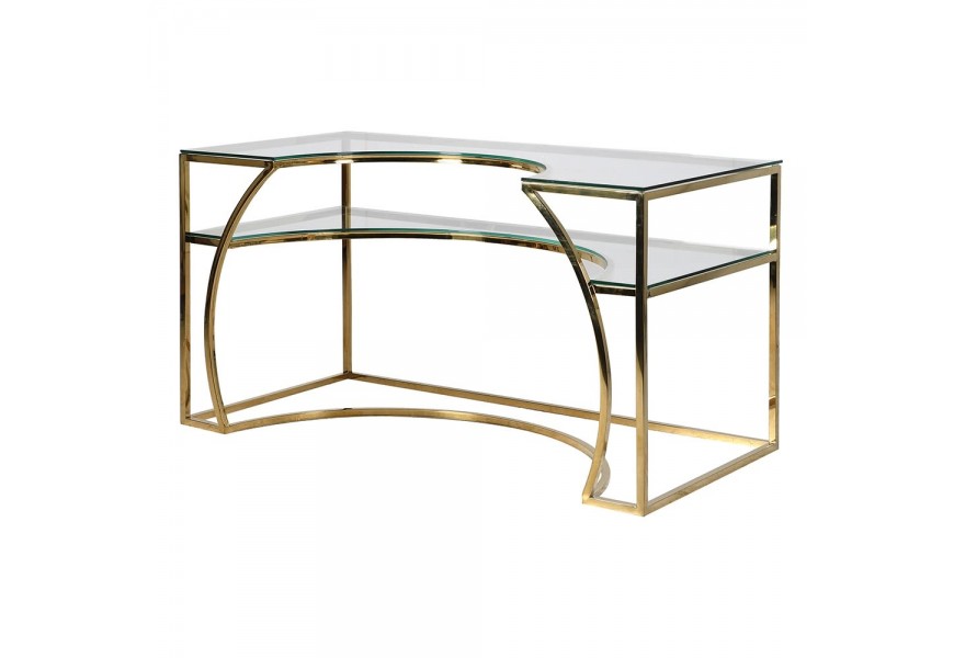 Art-deco atypický pracovný stôl s doskou zo skla a konštrukciou v zlatej farbe 140 cm