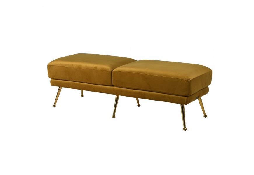 Art-deco lavica so zamatovým poťahom v horčicovom odtieni s lesklými nohami z chrómu v zlatej farbe 135 cm