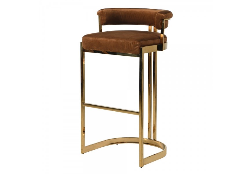Exkluzívna barová stolička Caramela v art-deco štýlovom hnedom zamatovom poťahu a zlatými nožičkami