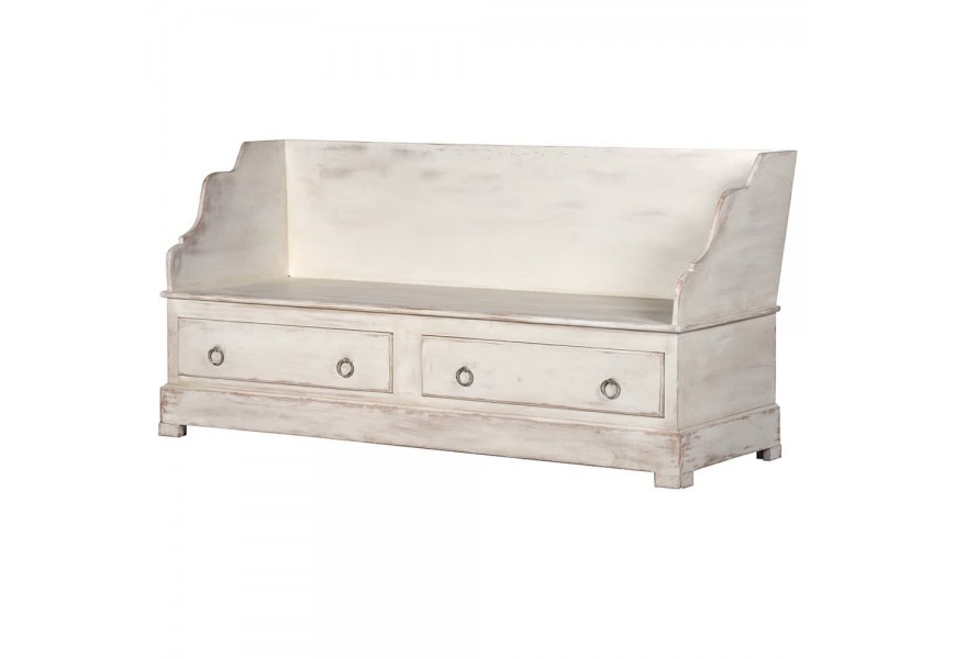 Vidiecka vintage krémovo-biela lavica z masívu s dvoma zásuvkami