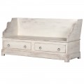 Vidiecka vintage krémovo-biela lavica z masívu s dvoma zásuvkami