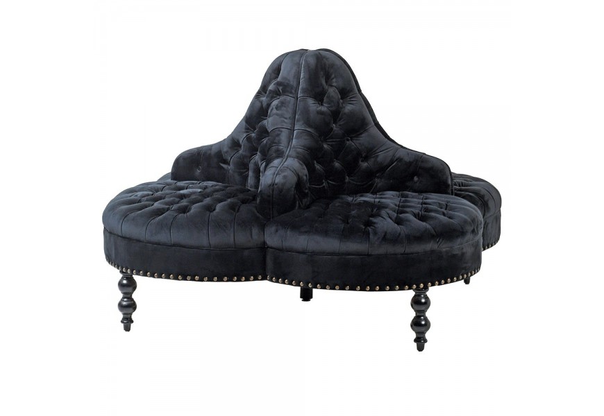 Okrúhla čierna lobby sedačka s poťahom zo zamatu v štýle CHESTERFIELD s dekoratívnymi čiernymi nohami