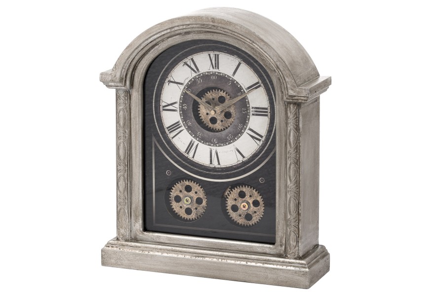 Dizajnové drevené stolové hodiny v striebornom antickom prevedení s kovovým mechanizmom