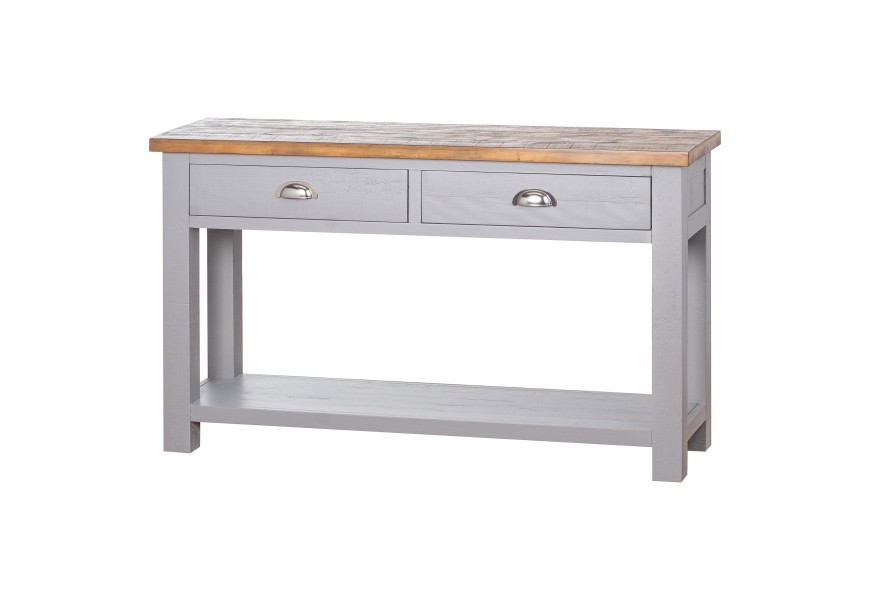 Rustikálny konzolový stolík s dvoma zásuvkami v bielo-hnedej farbe