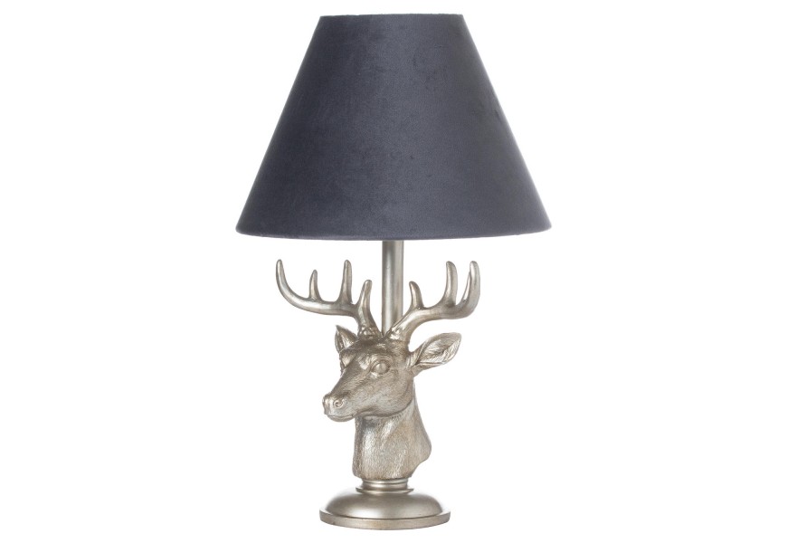 Dizajnová lampa Jeleň Harrods s keramickou soškou v striebornej farbe so sivým tienidlom