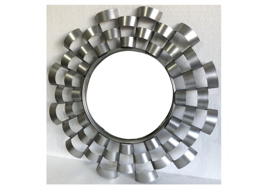 Art-deco nástenné zrkadlo Eva so strieborným zdobeným asymetrickým rámom v kruhovom tvare