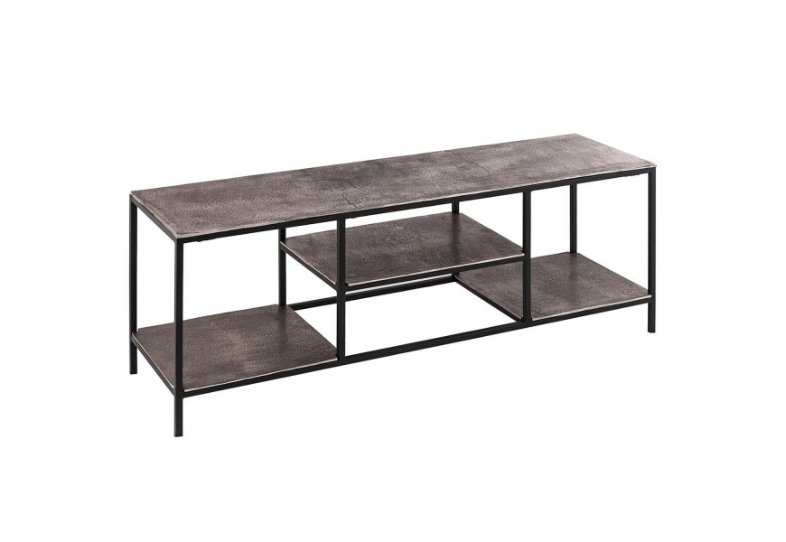 Moderný industriálny policový diel Farrah v sivej farbe s čiernou konštrukciou s poličkami