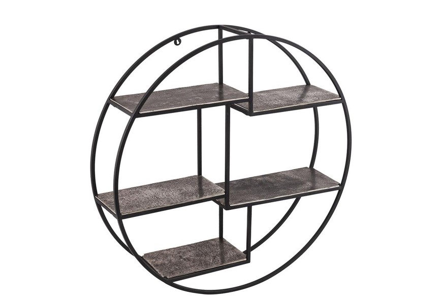 Dizajnový industriálny nástenný policový diel Farrah kruhového tvaru s piatimi policami v tmavošedej farbe