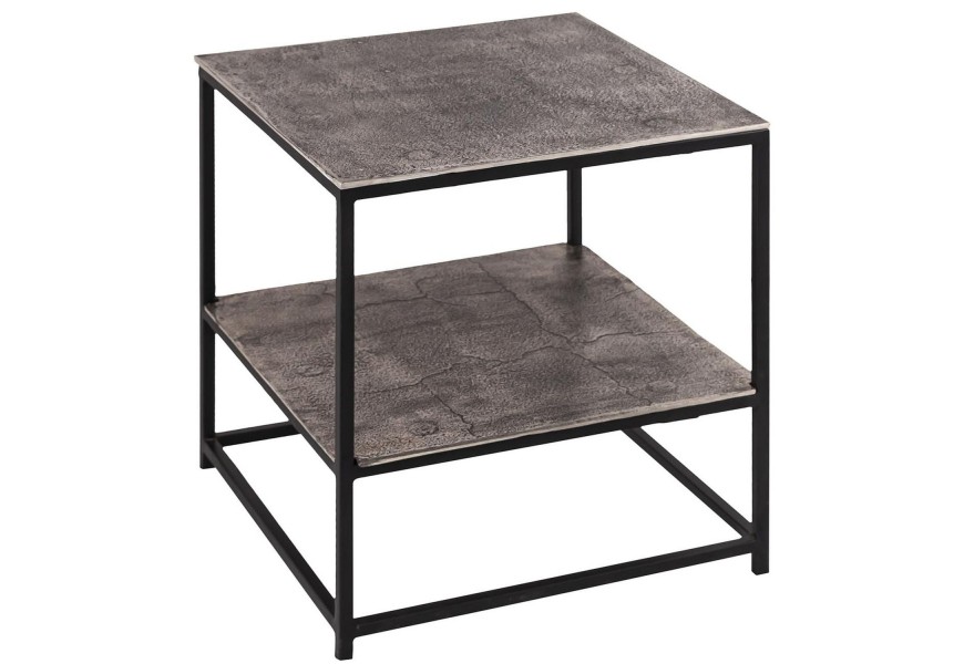 Moderný nočný stolík Farrah v šedej farbe s čiernou kovovou konštrukciou štvorcového tvaru
