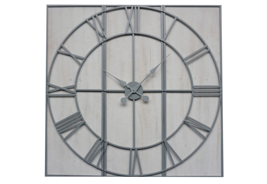 Moderné nástenné hodiny Rosa v sivej farbe so štvorcovým dreveným podkladom a kovovým ciferníkom