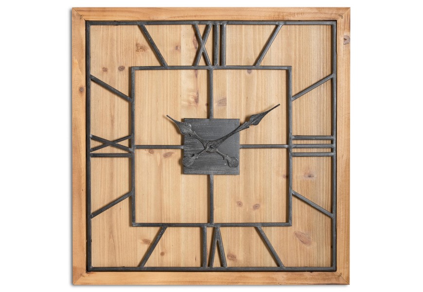 Nadčasové čierno-hnedé masívne industriálne štvorcové nástenné hodiny Faarzal vo vintage prevedení