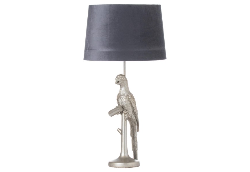 Štýlová stolná lampa Percy The Parrot v striebornej farbe so sivým tienidlom