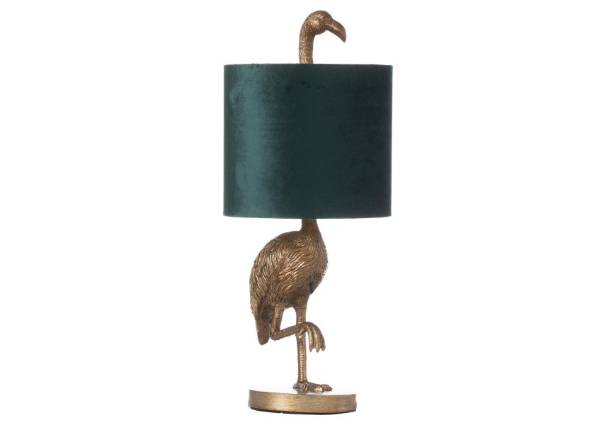 Dizajnová stolná lampa Plameniak Florence so zlatou keramickou figúrkou plameniaka so smaragdovým tienidlom