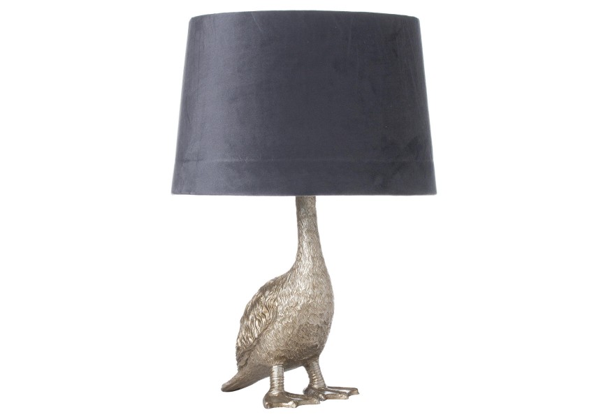 Unikátna strieborná stolná lampa Goose Gary v tvare husi s hlavou v sivom tienidle