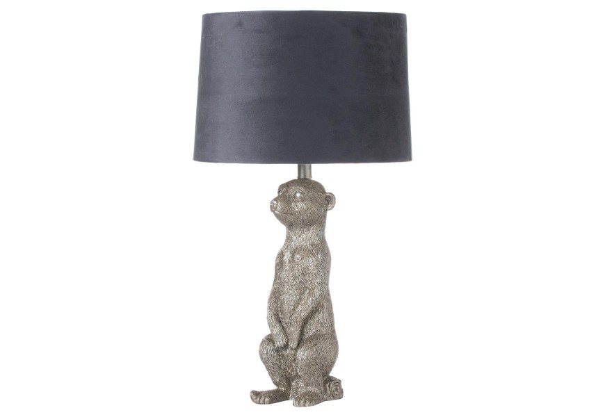 Strieborná keramická stolná lampa v tvare surikaty so sivým tienidlom z kolekcie Surikata Morris