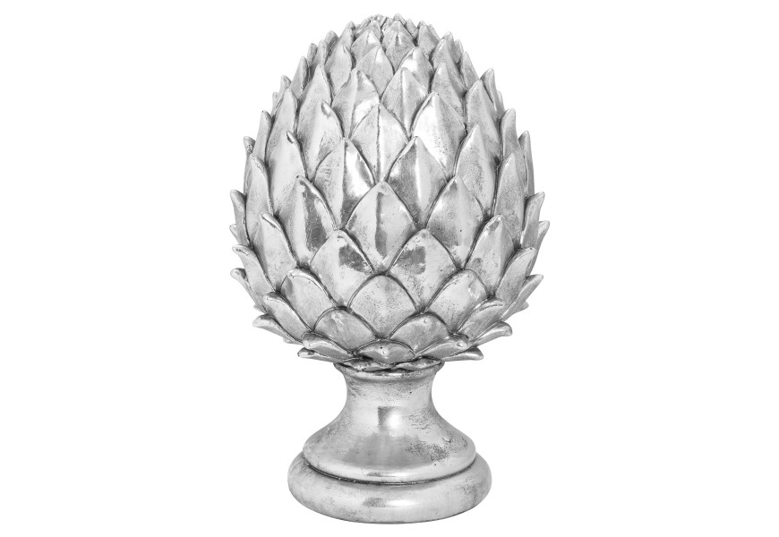 Dizajnová keramická dekorácia Borovicová šiška striebornej farby 30cm