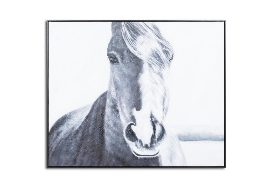 Dizajnová maľba koňa v čierno bielom prevedení s dreveným rámom