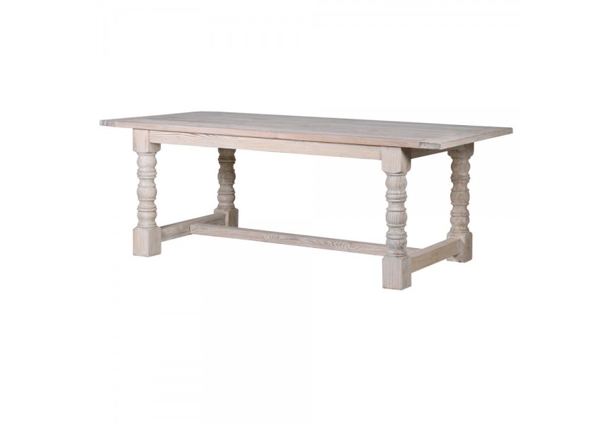 Masívny vidiecky jedálenský stôl v bielej farbe z mahagónového dreva s vyrezávanými nohami