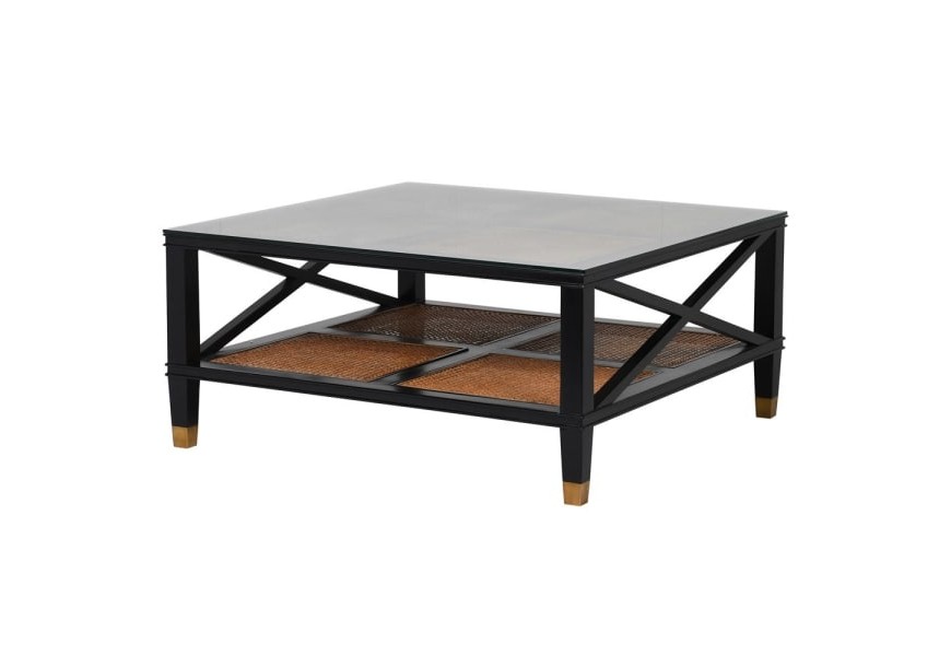 Štýlový čierny Art-Deco konferenčný stolík so zlatými detailmi a sklenenou povrchovou doskou