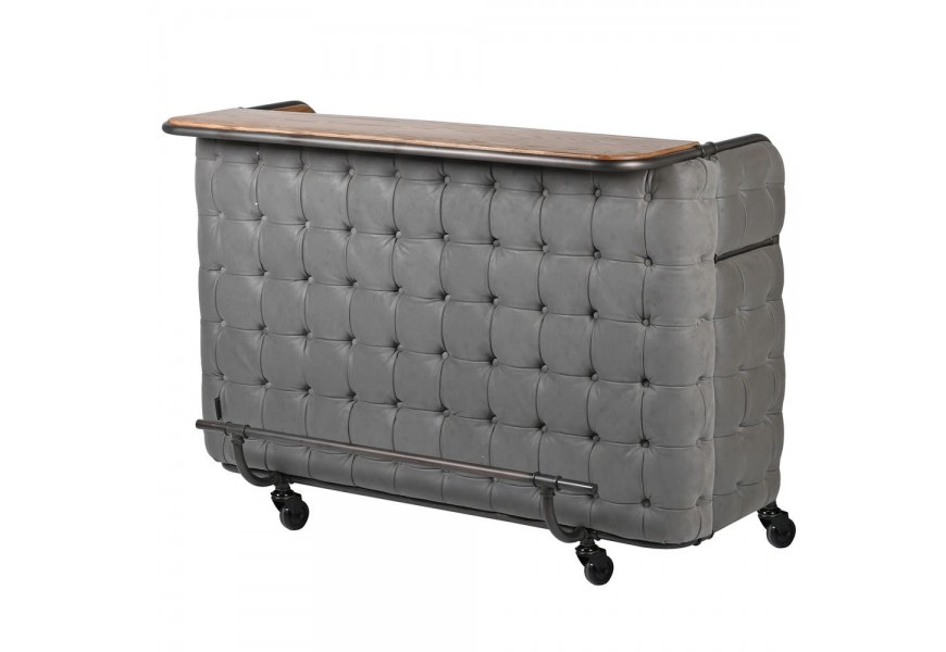 Retro barový pult z masívu s kovovou konštrukciou a so sivou poťahovou látkou s kolieskami 145 cm