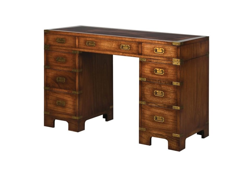 Jedinečný luxusný kancelársky stolík Dark Rich v hnedom prevedení so zásuvkami a s kovovými zlatými prvkami