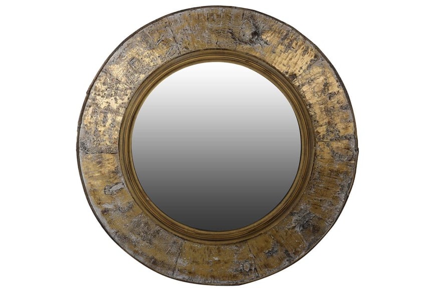 Koloniálne nástenné zrkadlo Los so zlatým patinovaným okrúhlym rámom a vnútorným ratanovým lemom v hnedej farbe