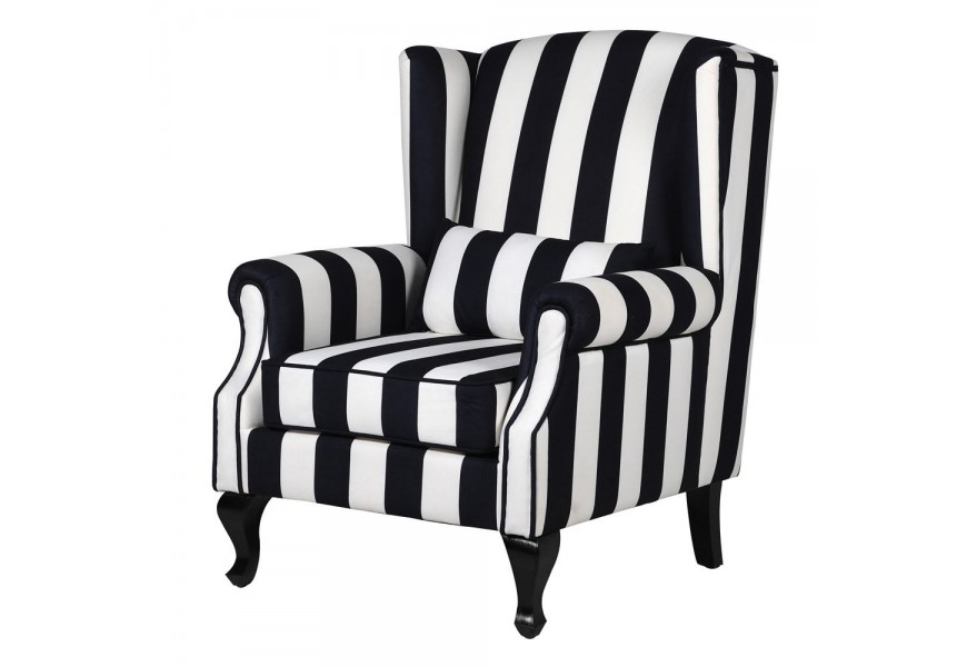 Jedinečné kreslo Cruella v art-deco štýle s pruhovaným vzorom v čierno bielej farbe