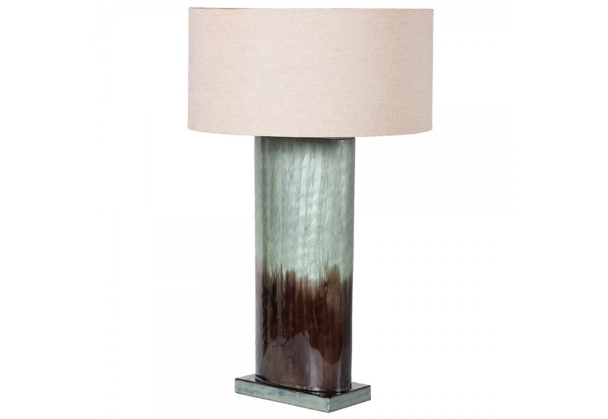 Dizajnová stolná lampa so zeleno-hnedým metalickým povrchom a s béžovým tienidlom z bavlny
