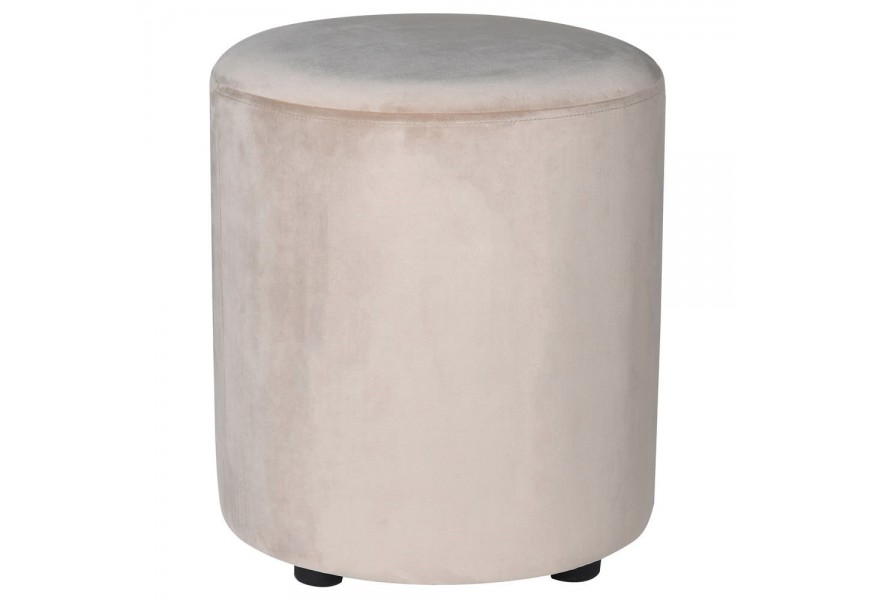 Štýlová okrúhla taburetka s minimalistickým tvarom s béžovým zamatovým poťahom a čiernymi okrúhlymi nohami 45 cm